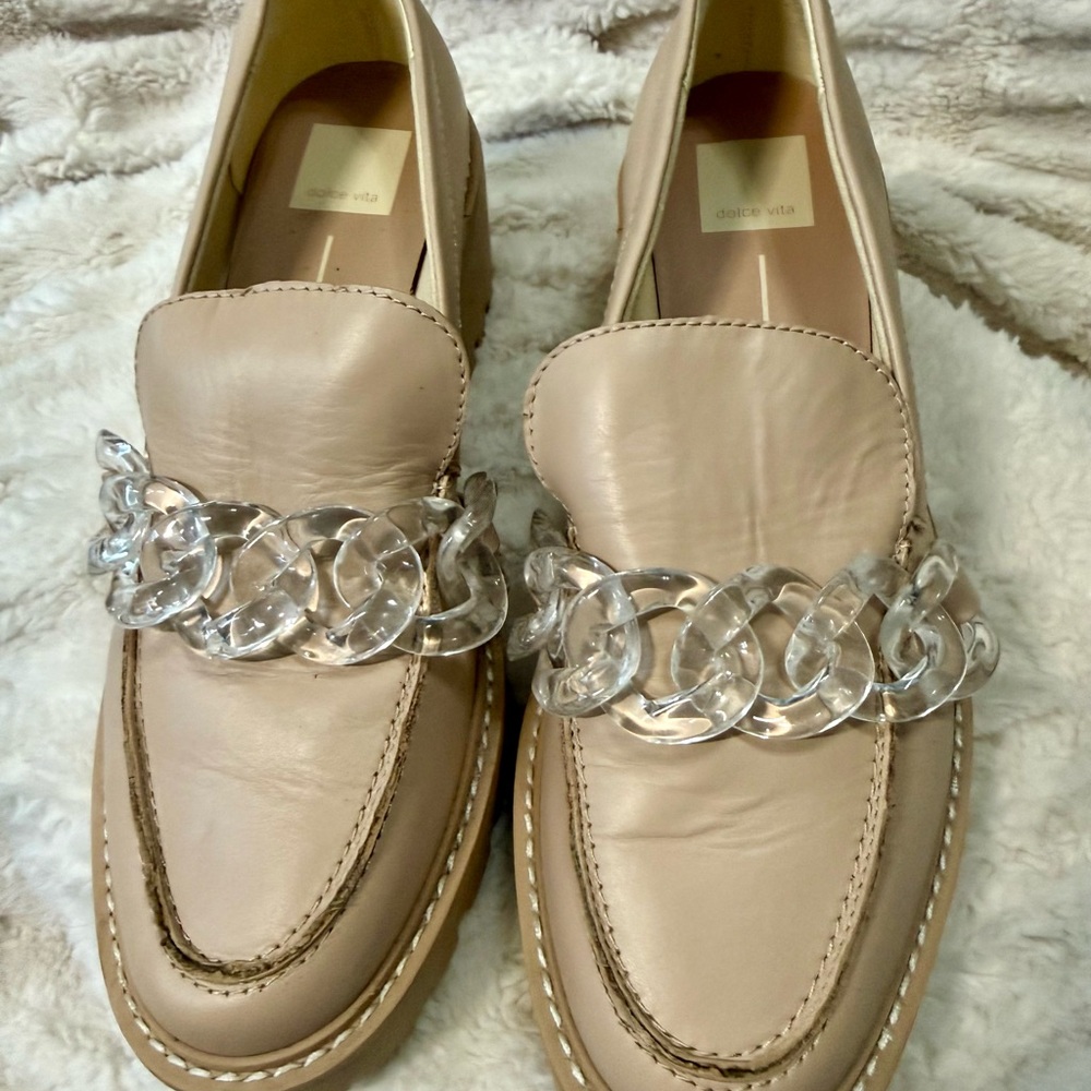 Dolce Vita Cream Loafers with Clear Chain Accent